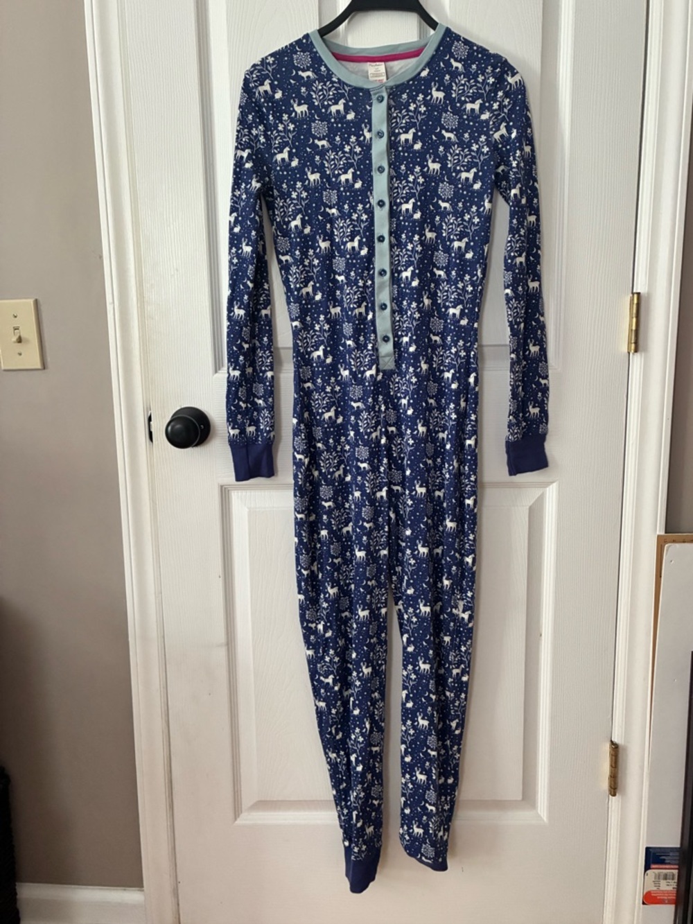Mini Boden Navy Blue Pajama Onesie with Forest Animal Print Sz 14Y